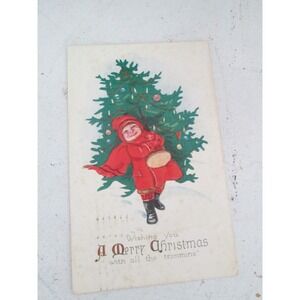 Vintage 1926 Child Christmas Tree Boy Signed Postcard‎ No. 161 Ephemera Cottage